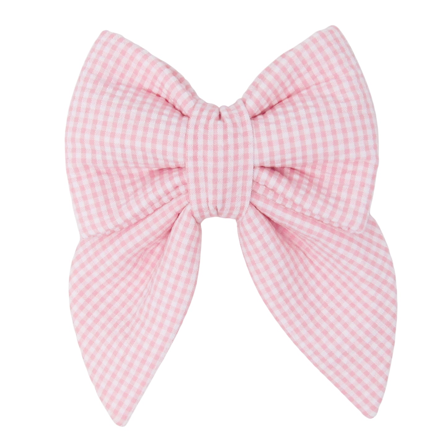 Pink seersucker gingham dog bow on a white background for Valentine's Day