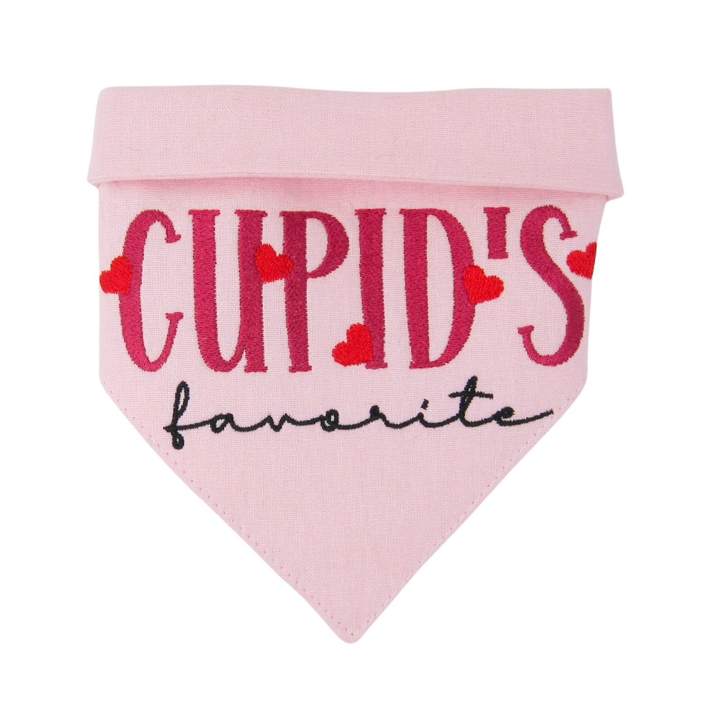 Valentine's Day dog bandana with 'Cupid's Favorite' embroidered phrase and heart designs on a light pink linen blend fabric