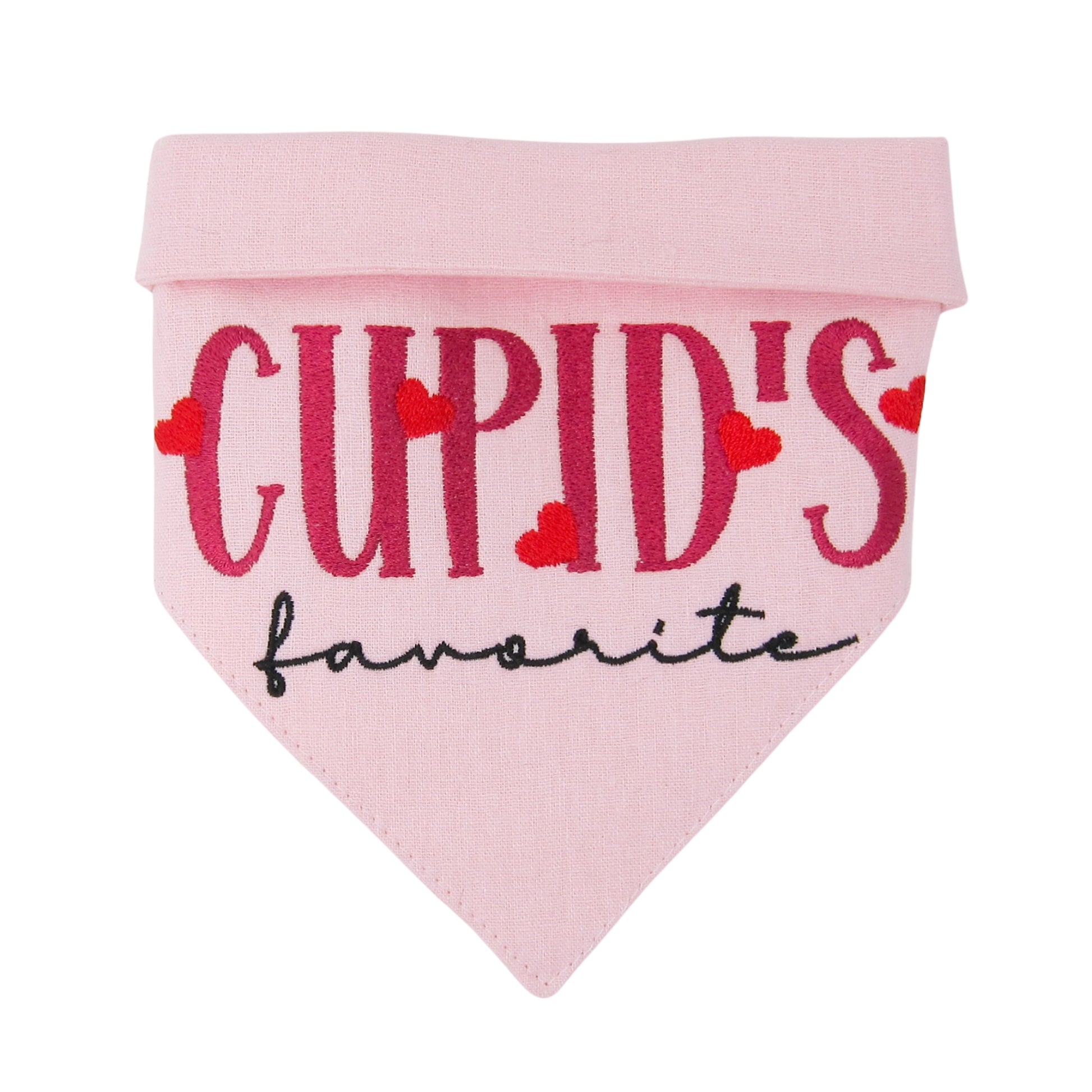 Valentine's Day dog bandana with 'Cupid's Favorite' embroidered phrase and heart designs on a light pink linen blend fabric