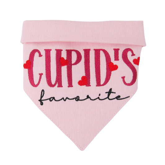 Valentine's Day dog bandana with 'Cupid's Favorite' embroidered phrase and heart designs on a light pink linen blend fabric