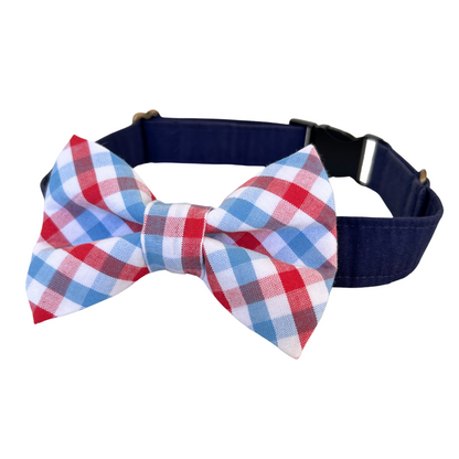 Patriotic Gingham Dog Bow Tie