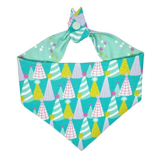 Aqua Party Hats Tie On Dog Bandana